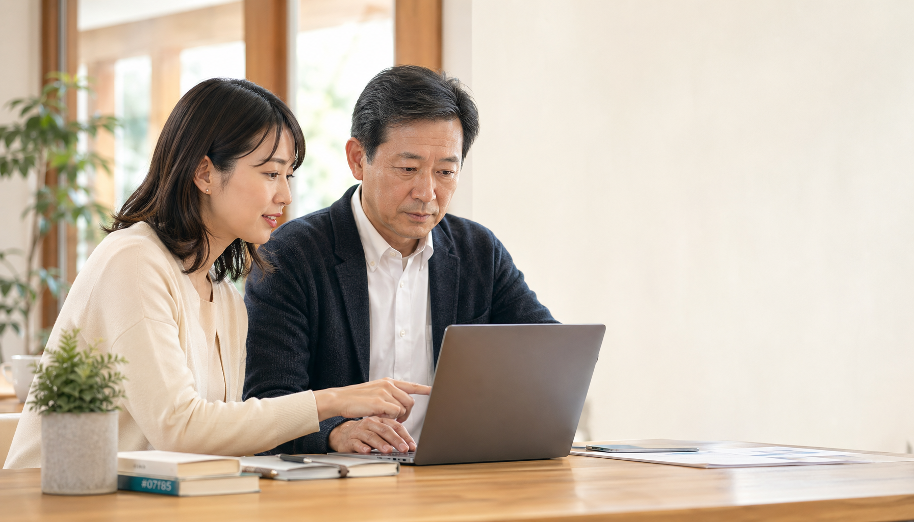 女性伴走者と男性経営者がAI活用を学ぶ実務シーン
